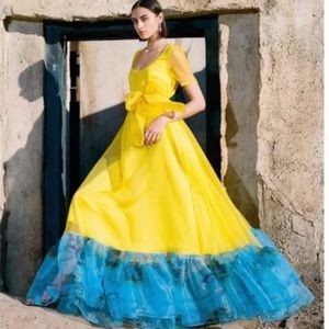 Staud Hala Maxi Dress In Lemon/Blue Island Large NWT